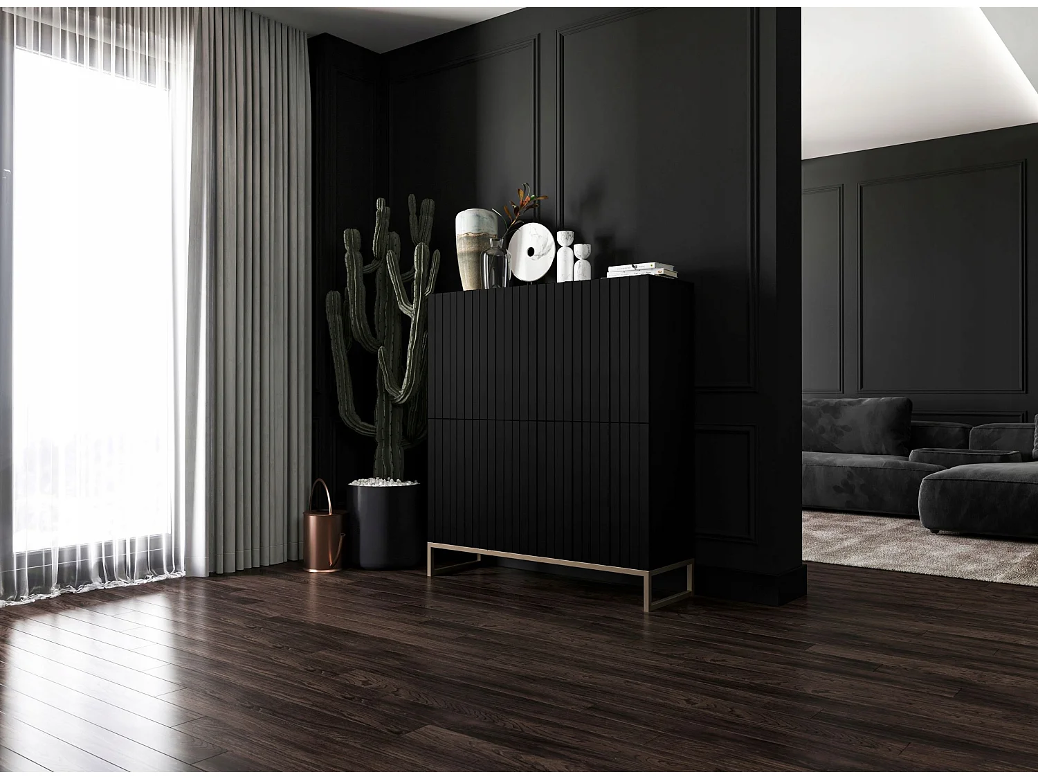 Commode avec 4 portes - Corps Noir mat, façades rainurées Noir mat - 112 cm, cadre en métal