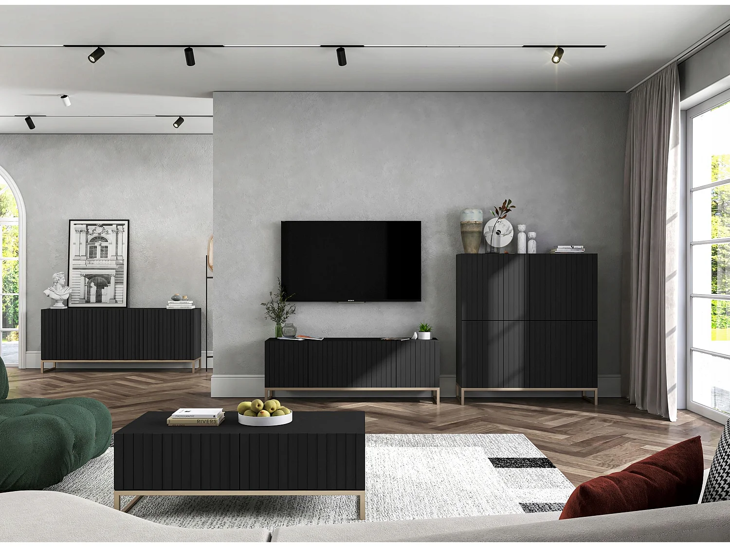 Commode avec 4 portes - Corps Noir mat, façades rainurées Noir mat - 112 cm, cadre en métal