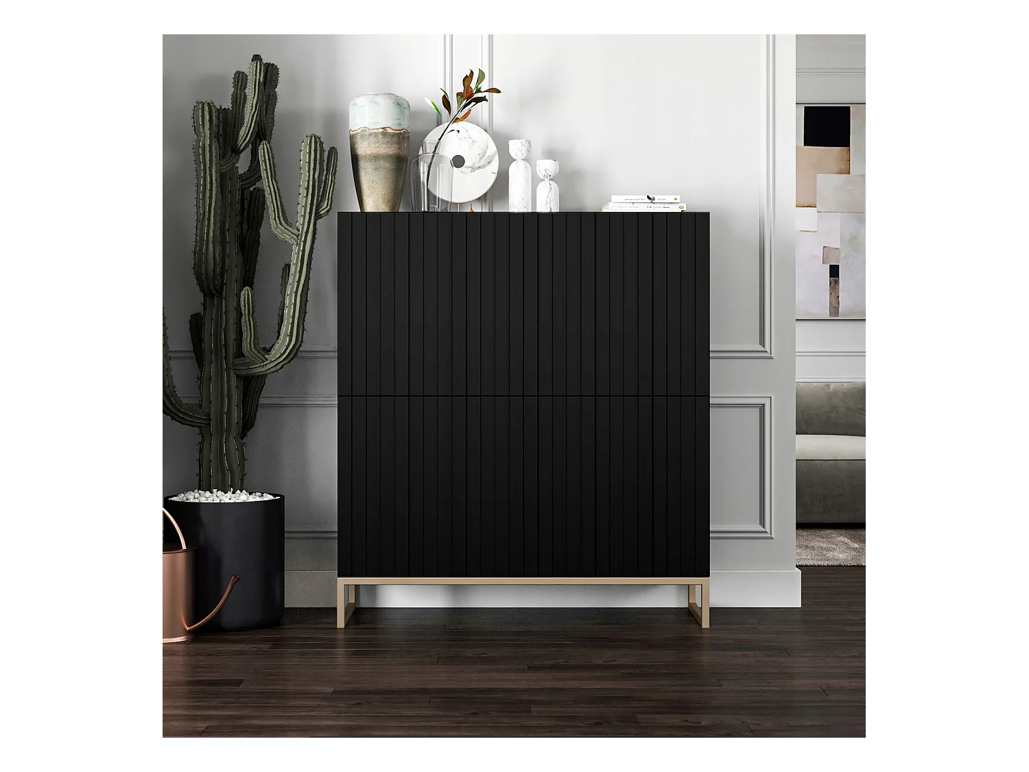 Commode avec 4 portes - Corps Noir mat, façades rainurées Noir mat - 112 cm, cadre en métal