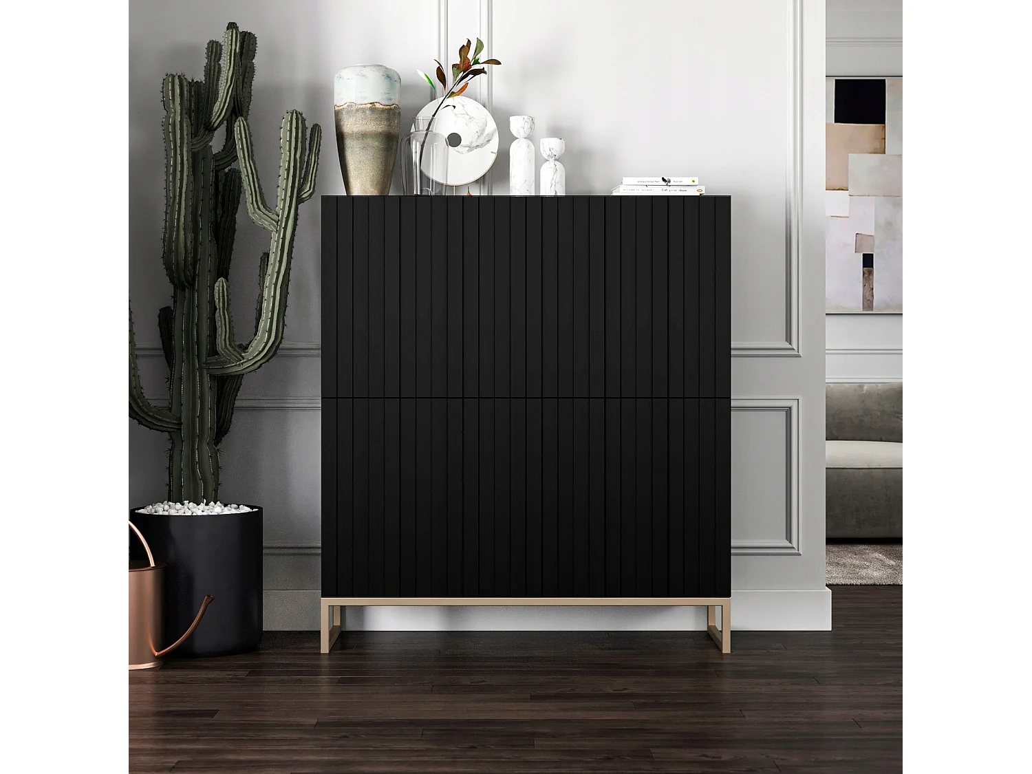 Commode avec 4 portes - Corps Noir mat, façades rainurées Noir mat - 112 cm, cadre en métal