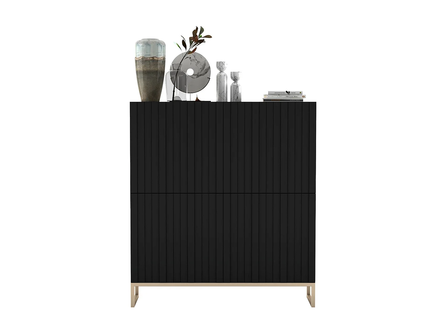 Commode avec 4 portes - Corps Noir mat, façades rainurées Noir mat - 112 cm, cadre en métal