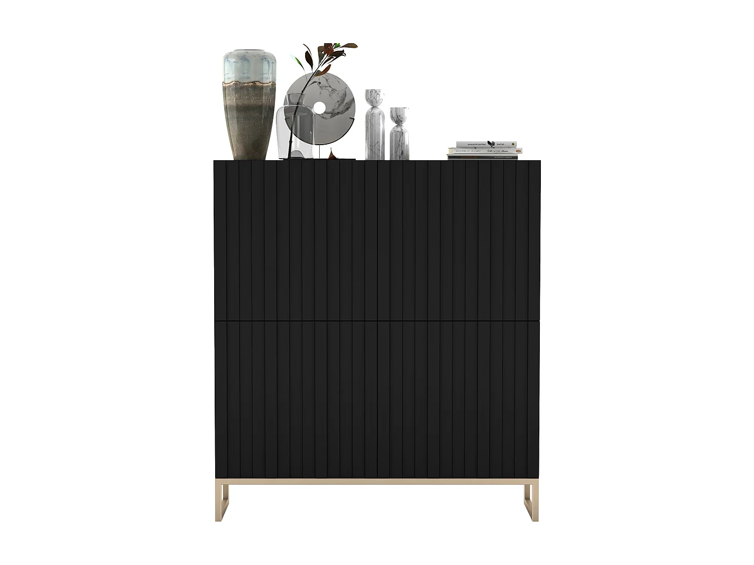 Commode avec 4 portes - Corps Noir mat, façades rainurées Noir mat - 112 cm, cadre en métal