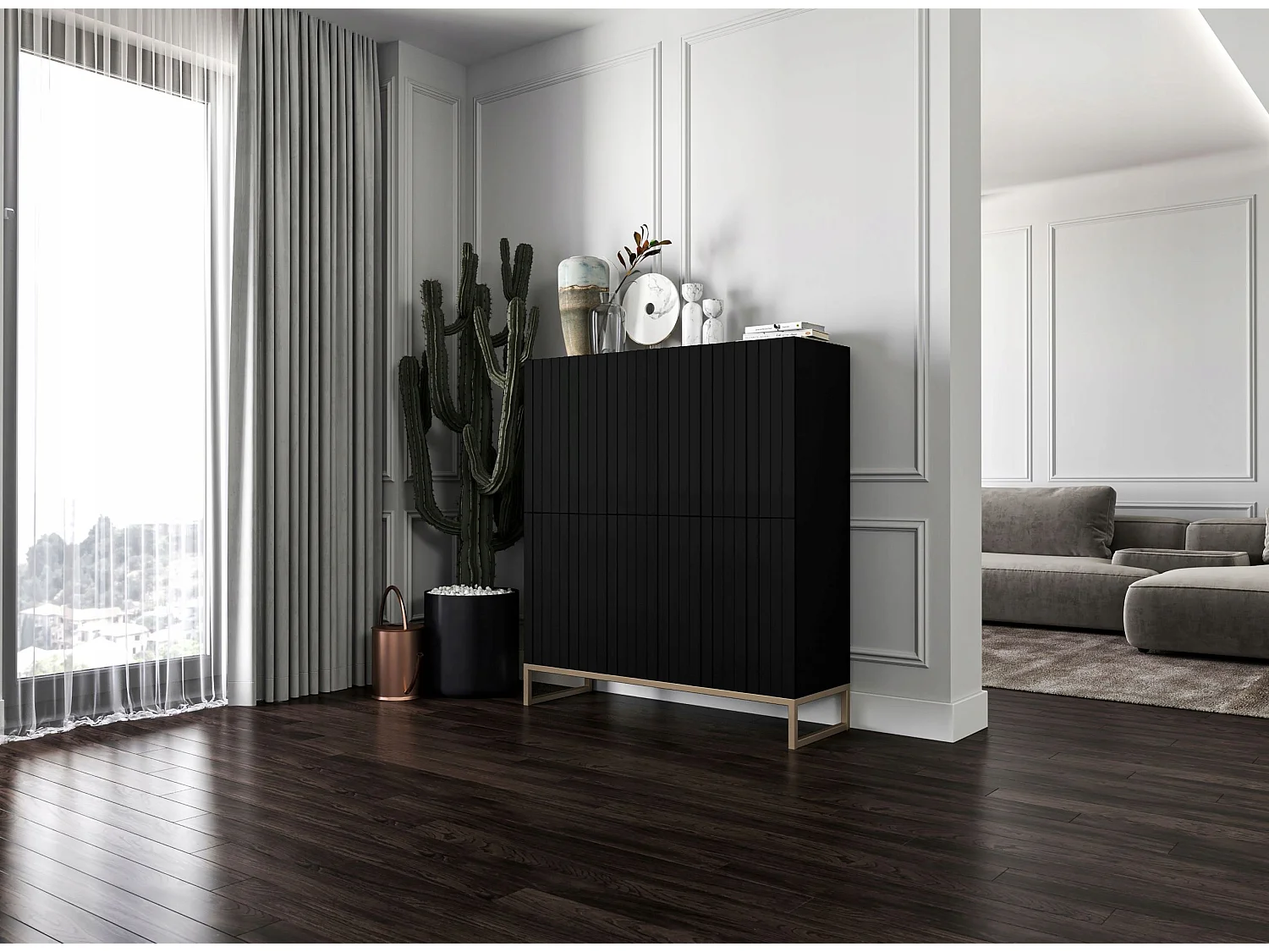 Commode avec 4 portes - Corps Noir mat, façades rainurées Noir mat - 112 cm, cadre en métal