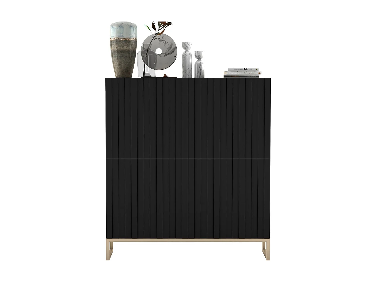 Commode avec 4 portes - Corps Noir mat, façades rainurées Noir mat - 112 cm, cadre en métal
