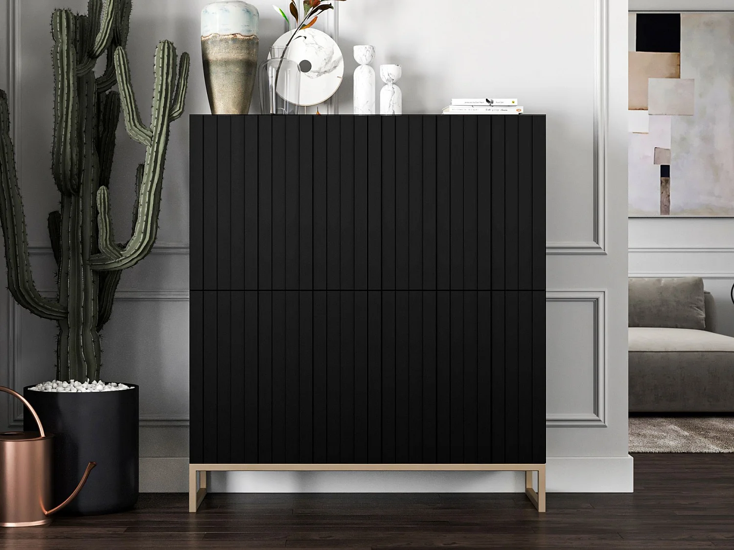 Commode avec 4 portes - Corps Noir mat, façades rainurées Noir mat - 112 cm, cadre en métal
