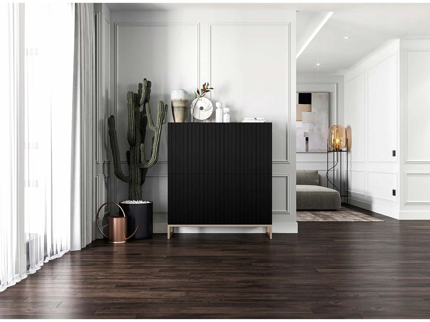 Commode avec 4 portes - Corps Noir mat, façades rainurées Noir mat - 112 cm, cadre en métal
