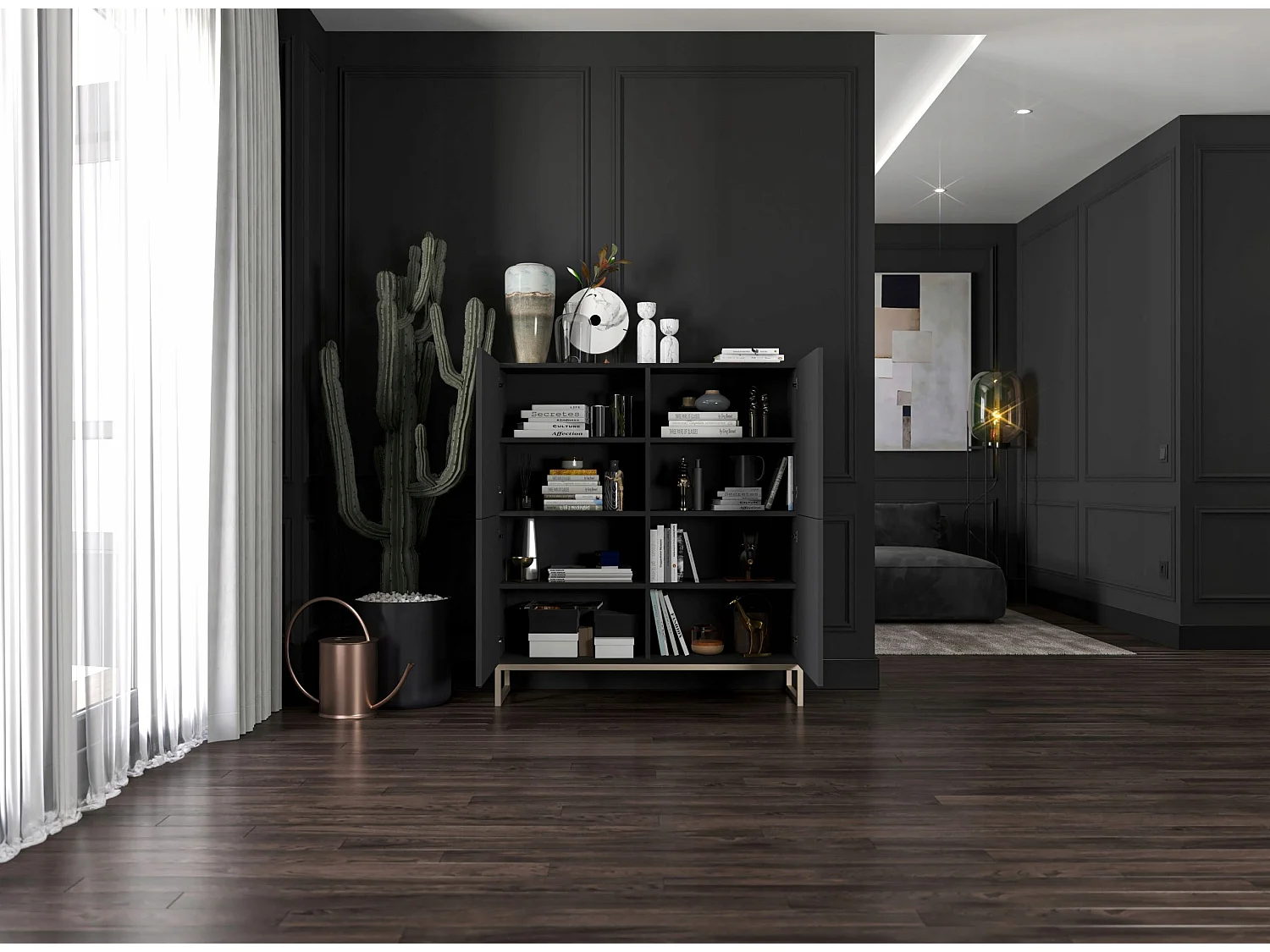 Commode avec 4 portes - Corps Noir mat, façades rainurées Noir mat - 112 cm, cadre en métal