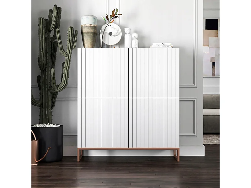 Commode avec 4 portes - Corps Blanc mat, façades rainurées Blanc mat - 112 cm, cadre en métal