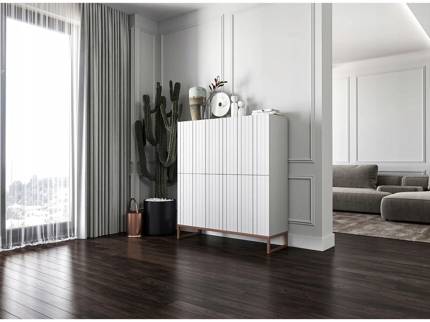 Commode avec 4 portes - Corps Blanc mat, façades rainurées Blanc mat - 112 cm, cadre en métal