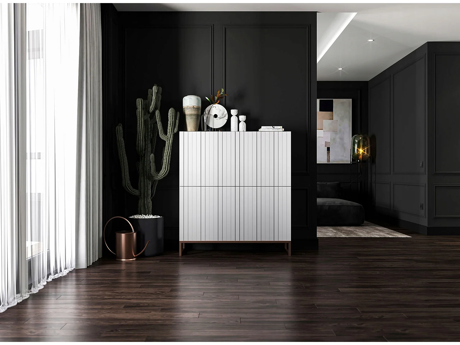 Commode avec 4 portes - Corps Blanc mat, façades rainurées Blanc mat - 112 cm, cadre en métal