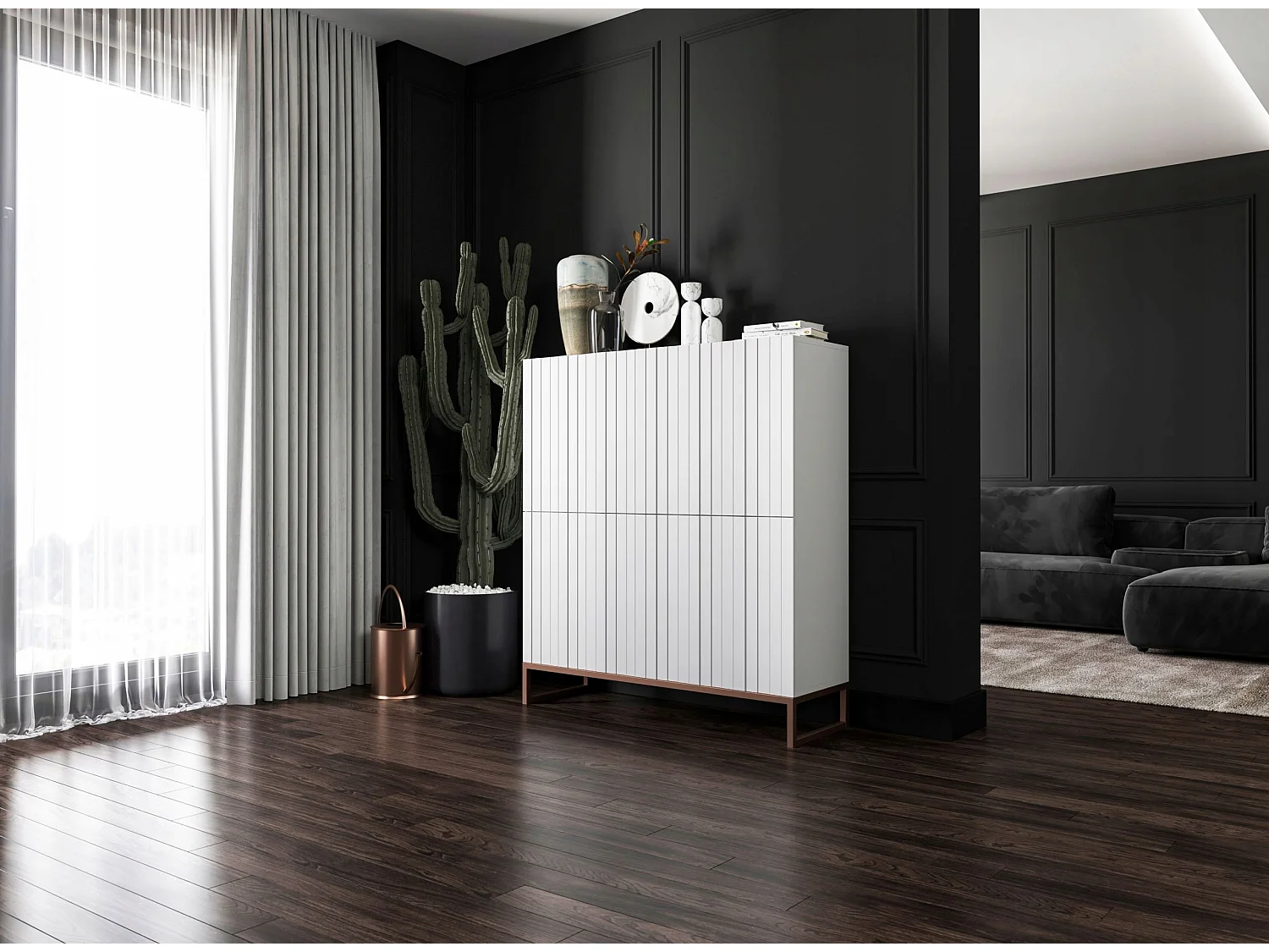 Commode avec 4 portes - Corps Blanc mat, façades rainurées Blanc mat - 112 cm, cadre en métal