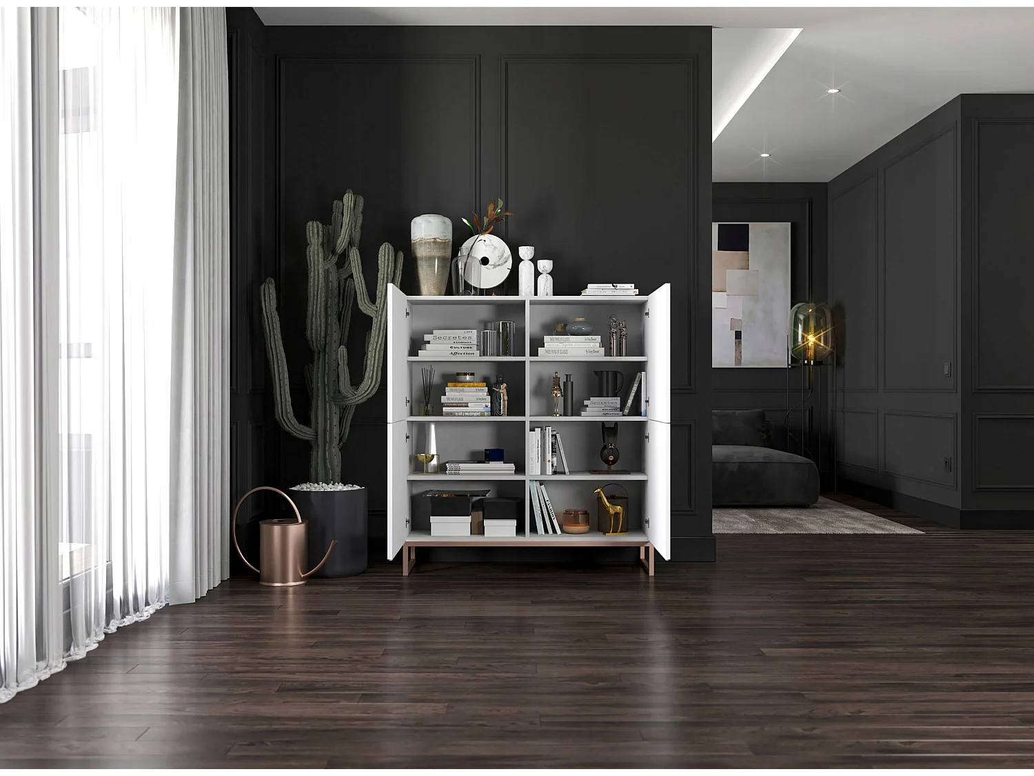 Commode avec 4 portes - Corps Blanc mat, façades rainurées Blanc mat - 112 cm, cadre en métal