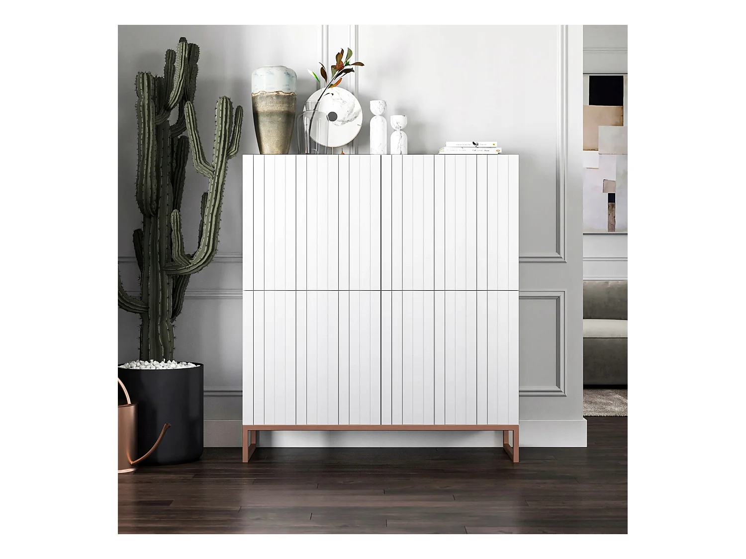 Commode avec 4 portes - Corps Blanc mat, façades rainurées Blanc mat - 112 cm, cadre en métal