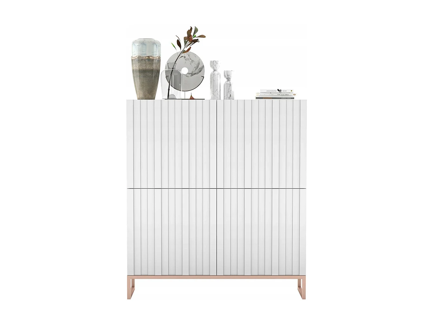 Commode avec 4 portes - Corps Blanc mat, façades rainurées Blanc mat - 112 cm, cadre en métal