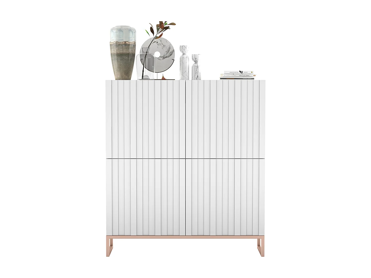 Commode avec 4 portes - Corps Blanc mat, façades rainurées Blanc mat - 112 cm, cadre en métal