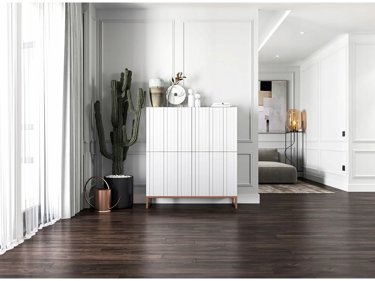 Commode avec 4 portes - Corps Blanc mat, façades rainurées Blanc mat - 112 cm, cadre en métal