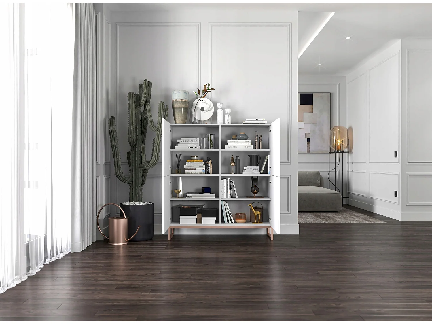 Commode avec 4 portes - Corps Blanc mat, façades rainurées Blanc mat - 112 cm, cadre en métal