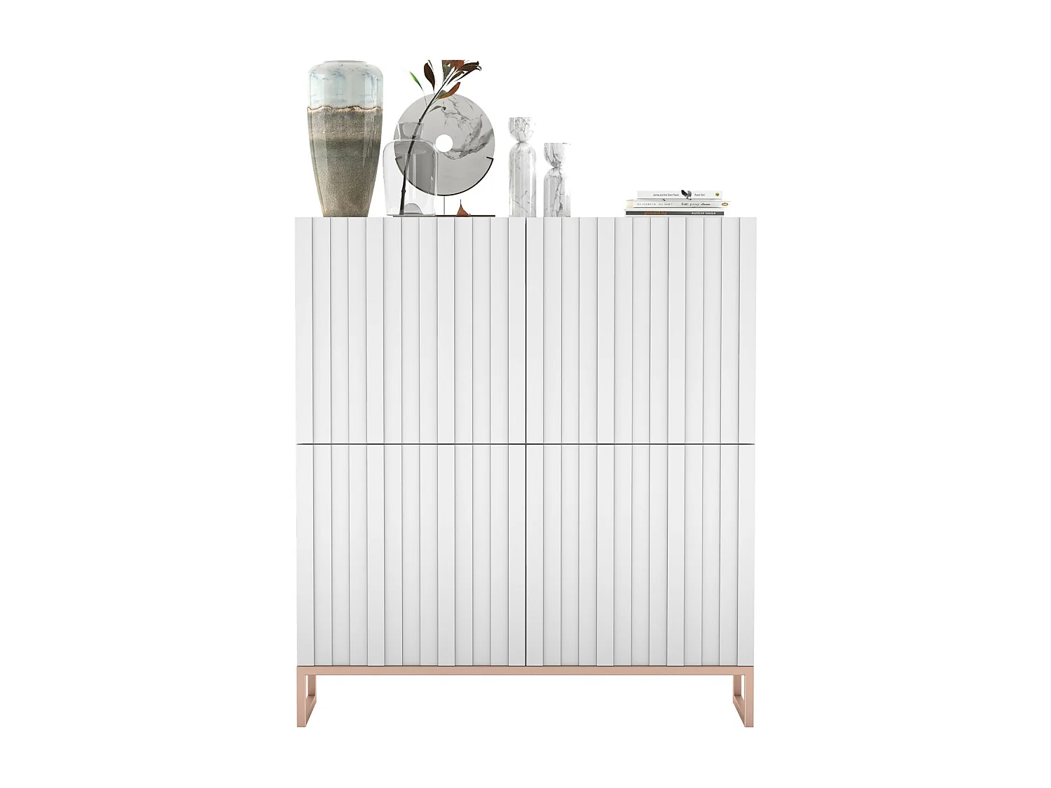 Commode avec 4 portes - Corps Blanc mat, façades rainurées Blanc mat - 112 cm, cadre en métal