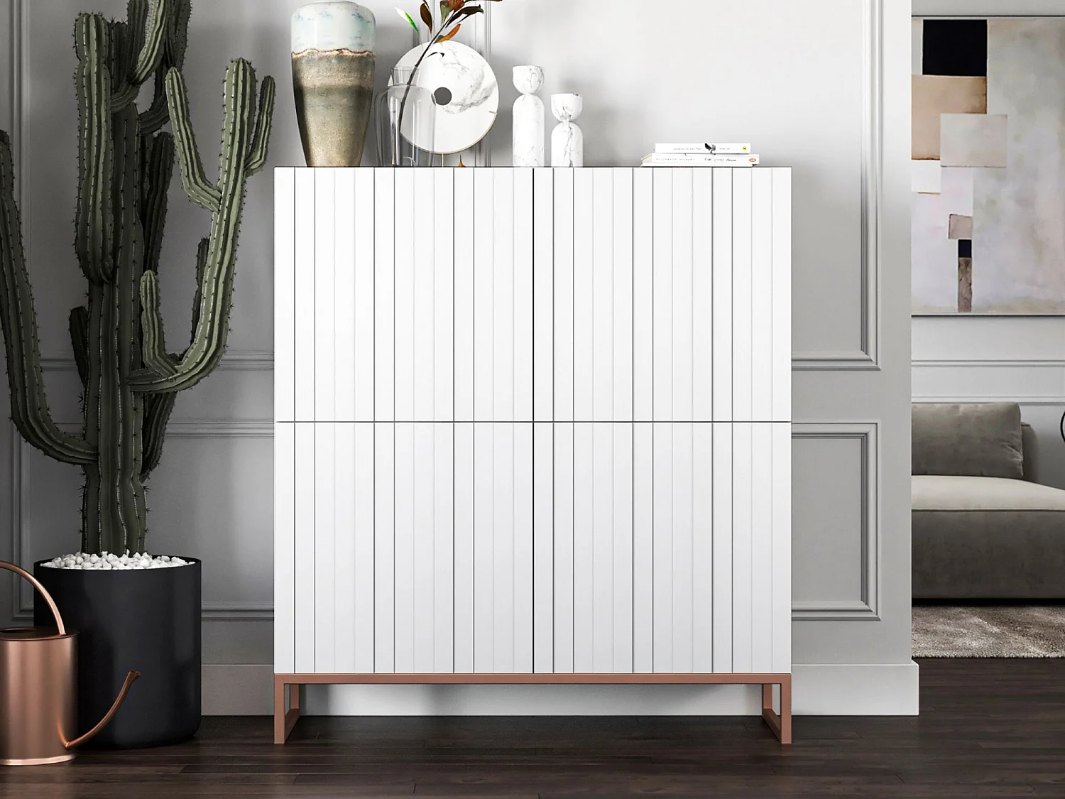 Commode avec 4 portes - Corps Blanc mat, façades rainurées Blanc mat - 112 cm, cadre en métal