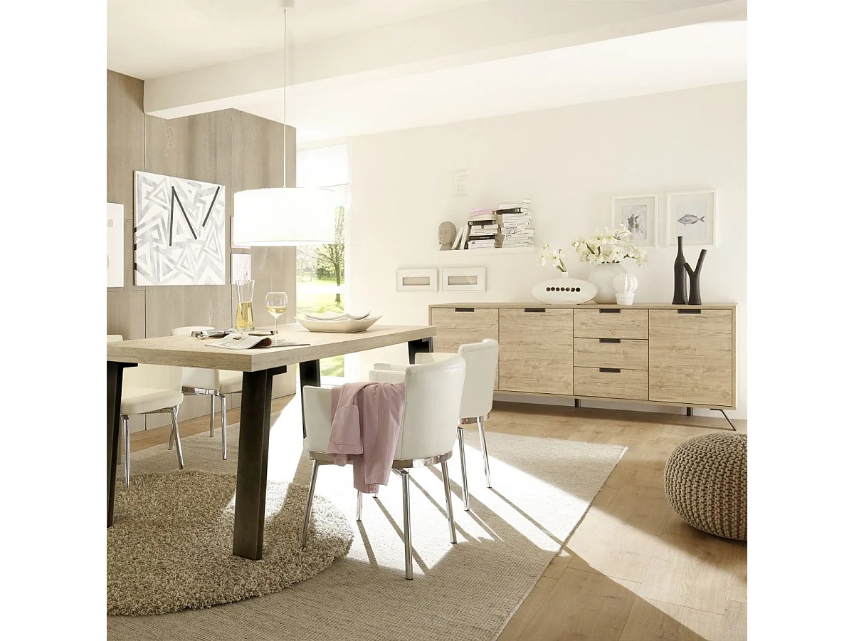 PALAMO - Ensemble Séjour Buffet 3 Portes 3 Tiroirs Aspect Bois Pieds Métal Gris Foncé