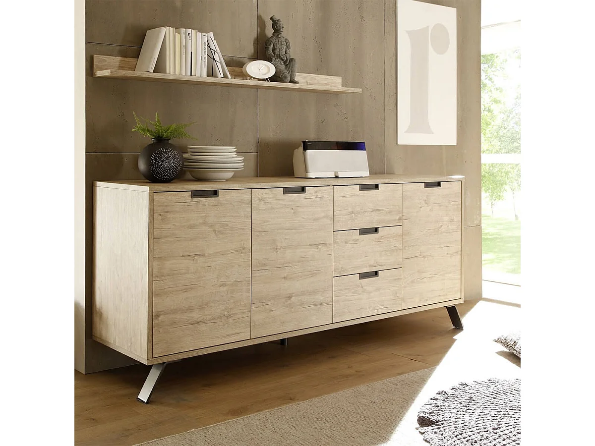 PALAMO - Ensemble Séjour Buffet 3 Portes 3 Tiroirs Aspect Bois Pieds Métal Gris Foncé