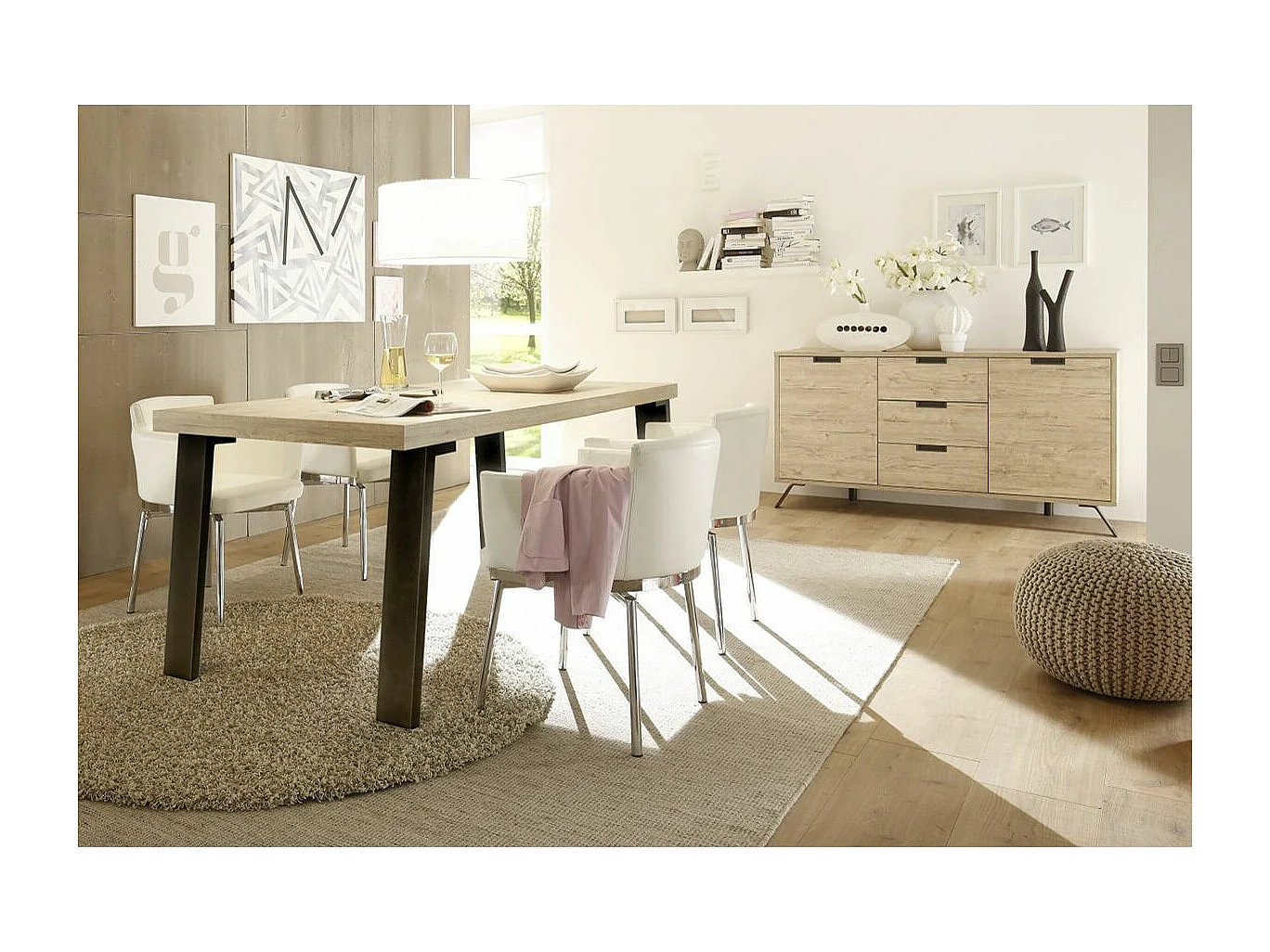 PALAMO - Ensemble Séjour Buffet 2 Portes 3 Tiroirs Aspect Bois Pieds Métal Gris Foncé