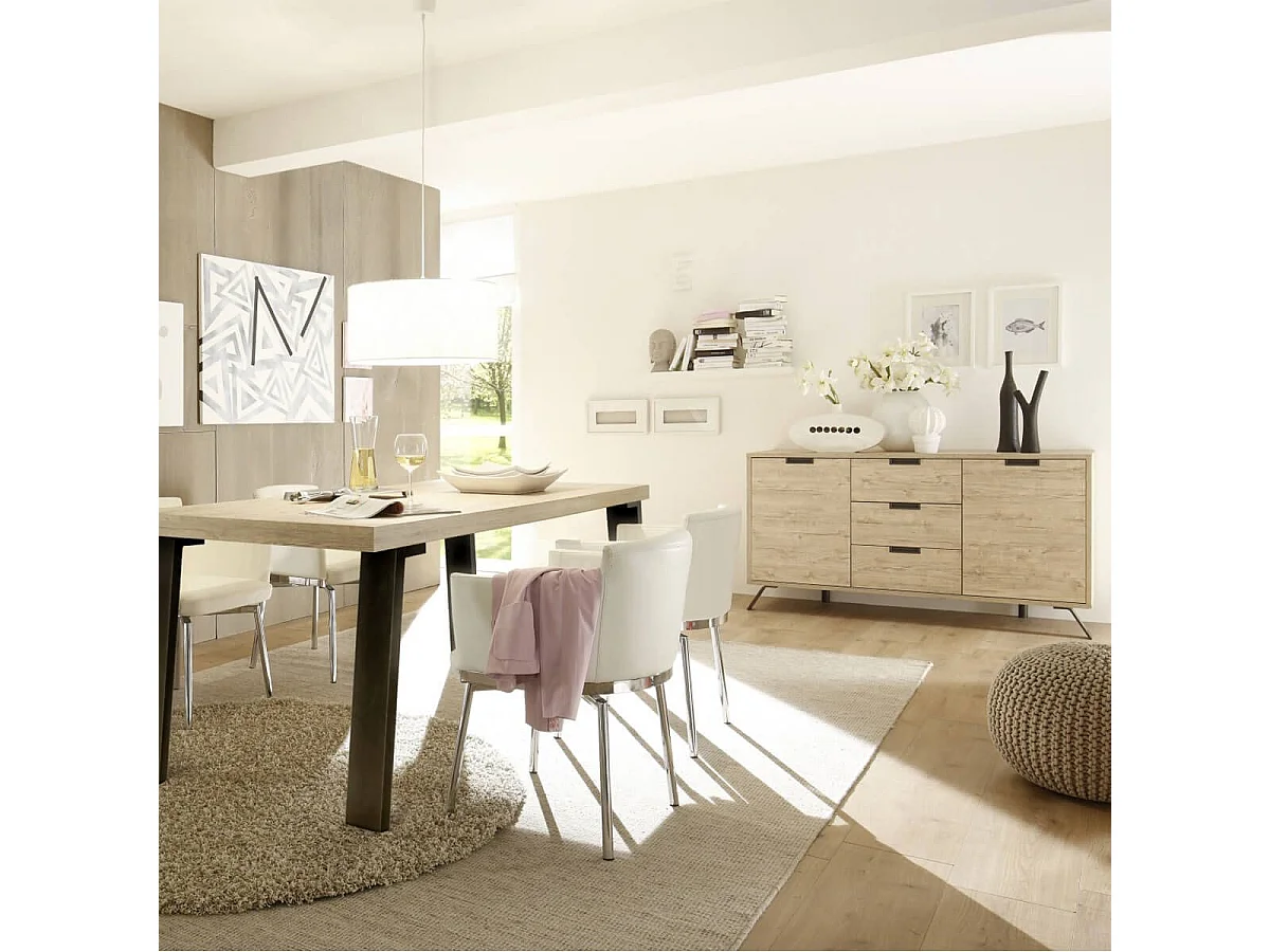 PALAMO - Ensemble Séjour Buffet 2 Portes 3 Tiroirs Aspect Bois Pieds Métal Gris Foncé