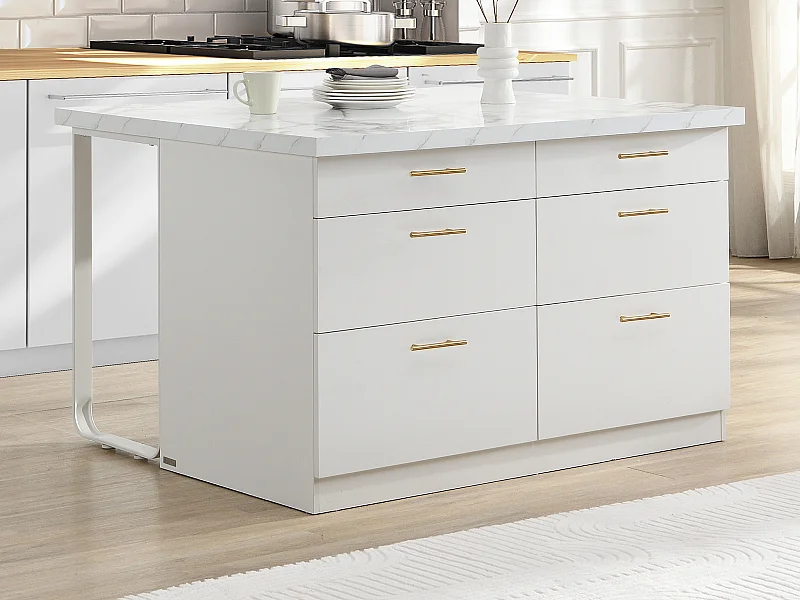 Isla central de cocina con 6 cajones de MDF y metal - Efecto mármol blanco - ALEGRITA