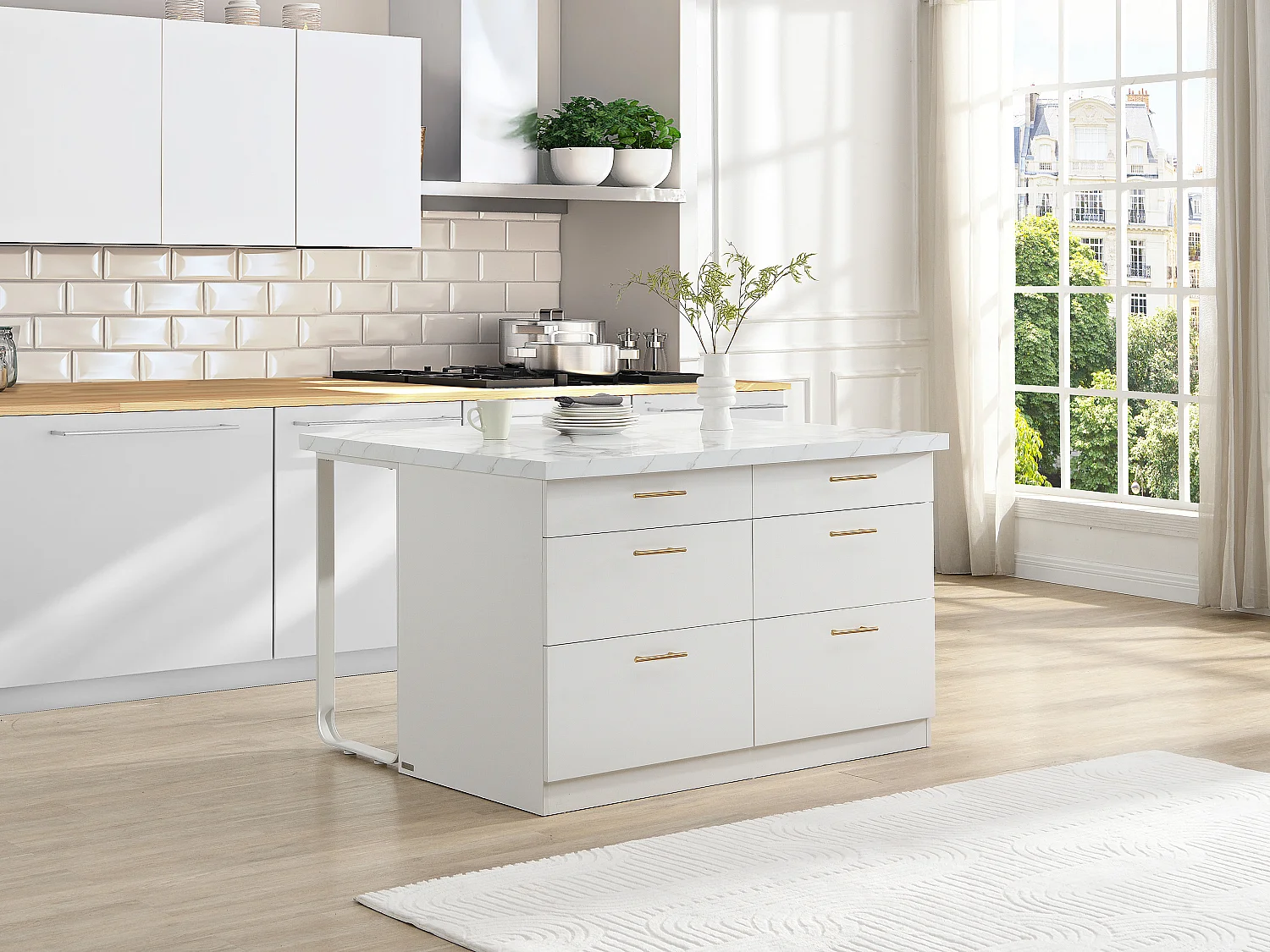 Ilot central de cuisine avec 6 tiroirs en MDF et métal - Effet marbre blanc - ALEGRITA