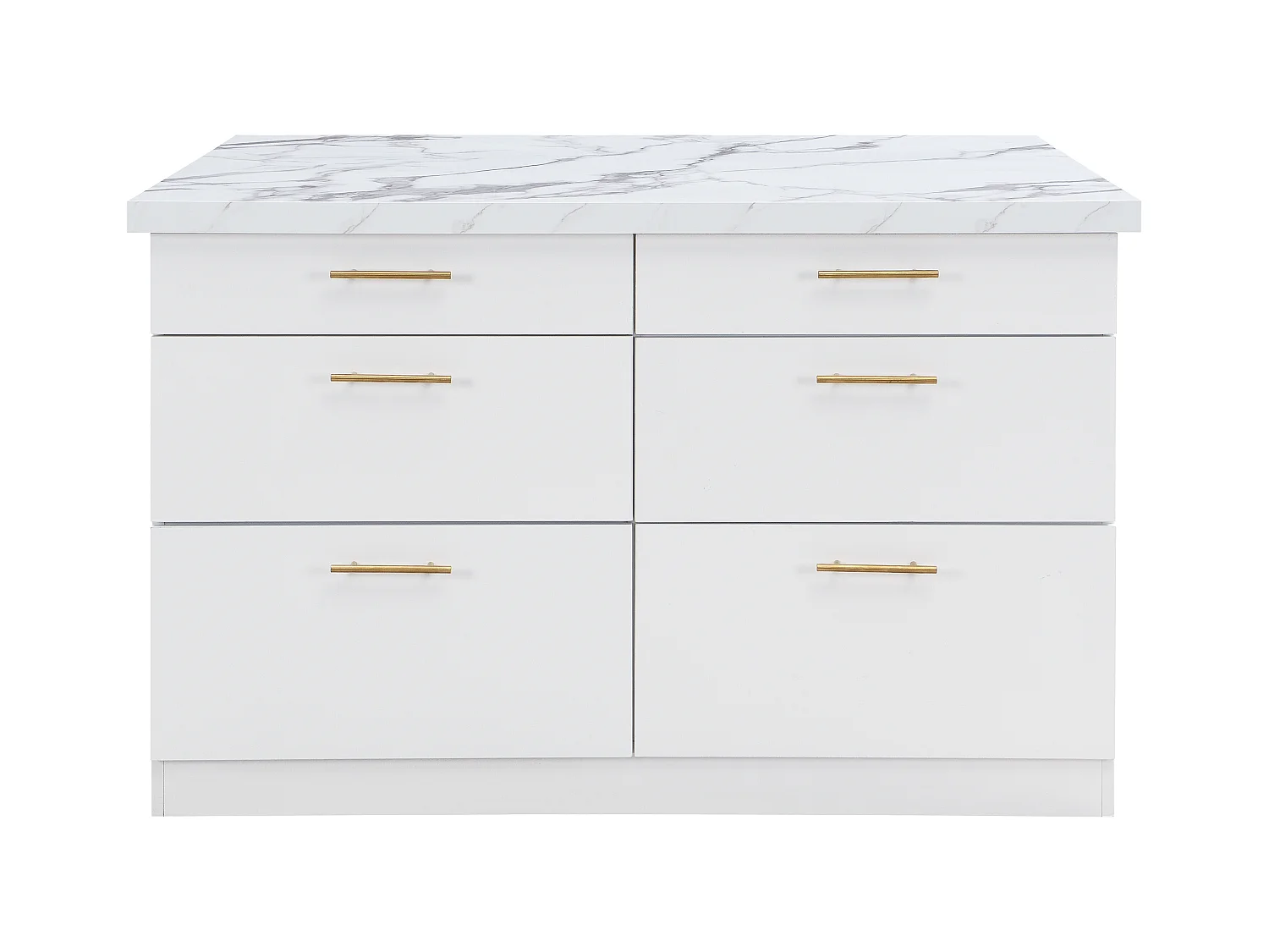 Ilot central de cuisine avec 6 tiroirs en MDF et métal - Effet marbre blanc - ALEGRITA