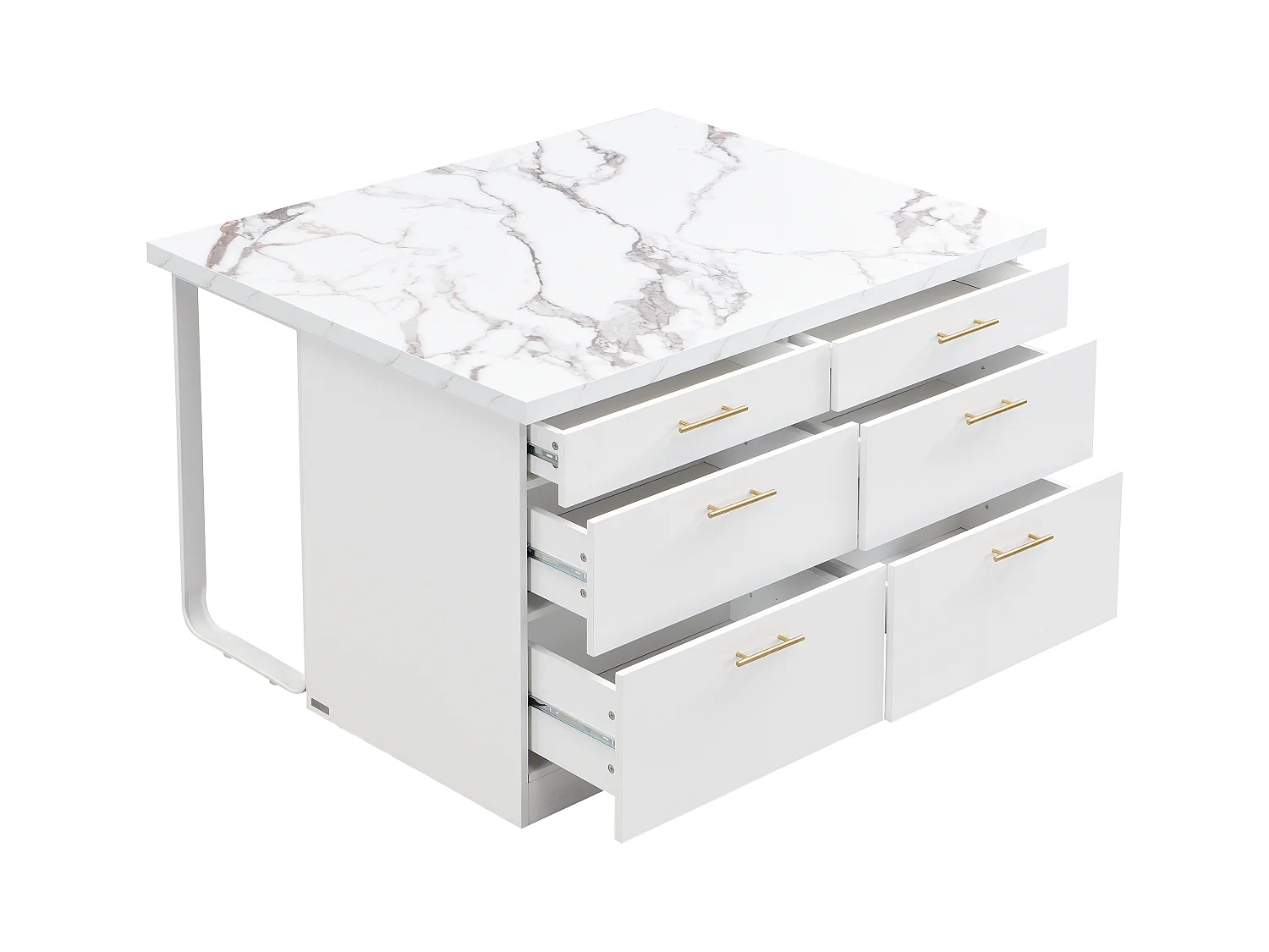 Ilot central de cuisine avec 6 tiroirs en MDF et métal - Effet marbre blanc - ALEGRITA