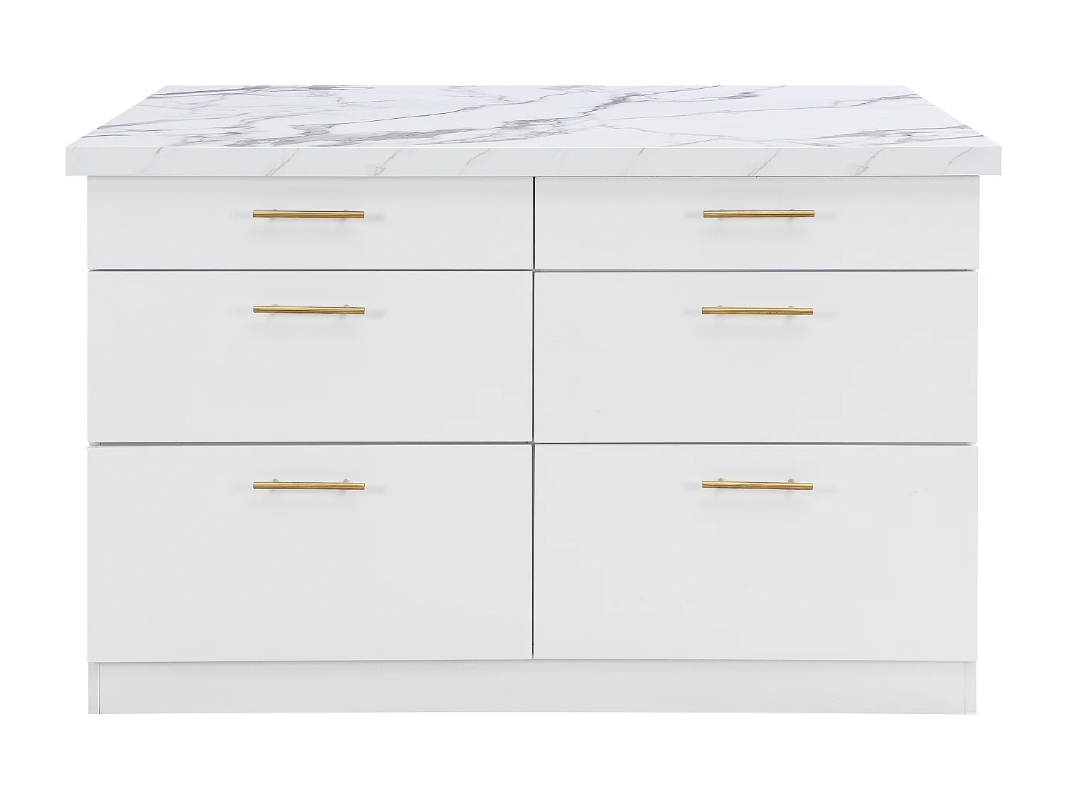 Ilot central de cuisine avec 6 tiroirs en MDF et métal - Effet marbre blanc - ALEGRITA