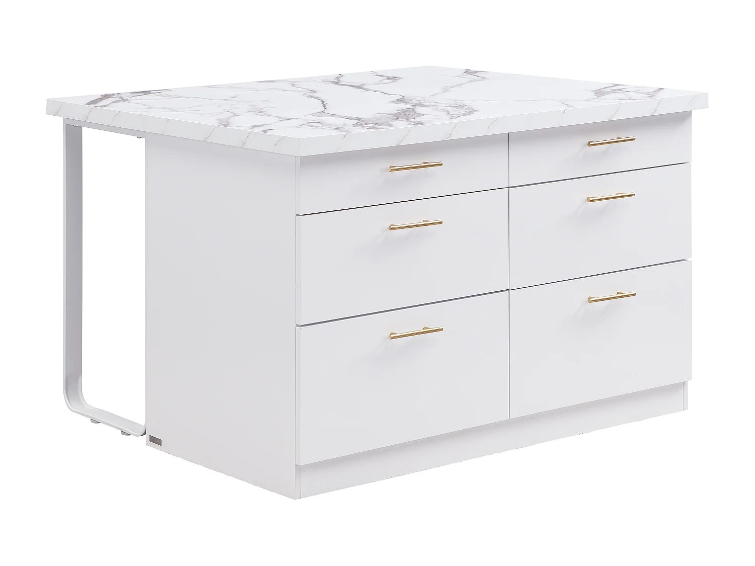Ilot central de cuisine avec 6 tiroirs en MDF et métal - Effet marbre blanc - ALEGRITA