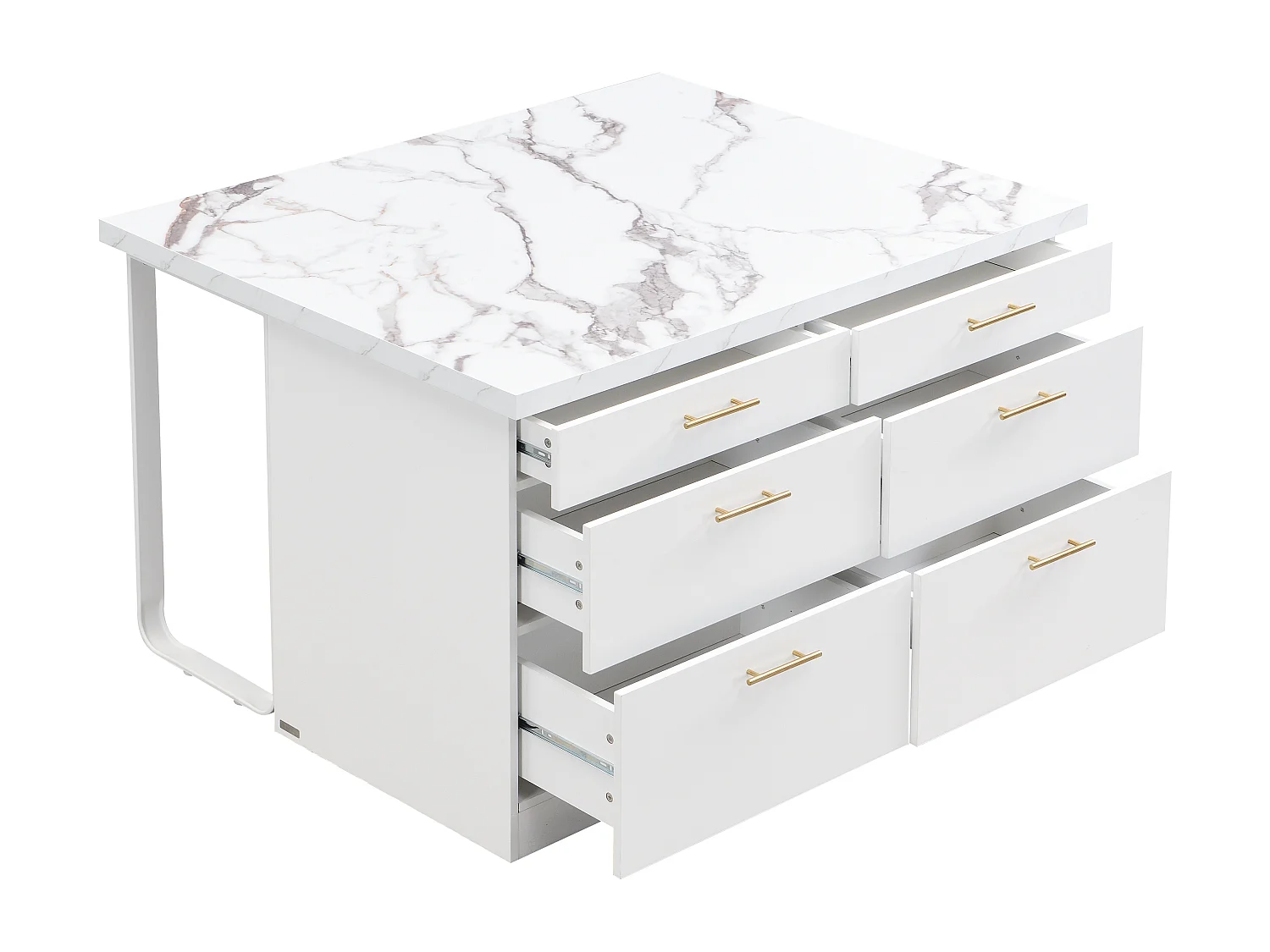 Ilot central de cuisine avec 6 tiroirs en MDF et métal - Effet marbre blanc - ALEGRITA