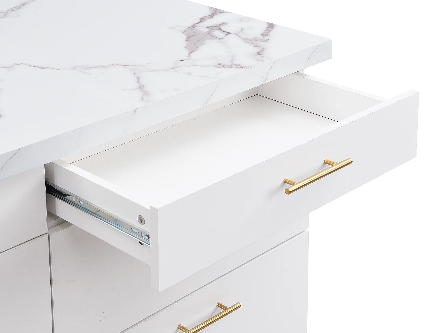 Ilot central de cuisine avec 6 tiroirs en MDF et métal - Effet marbre blanc - ALEGRITA