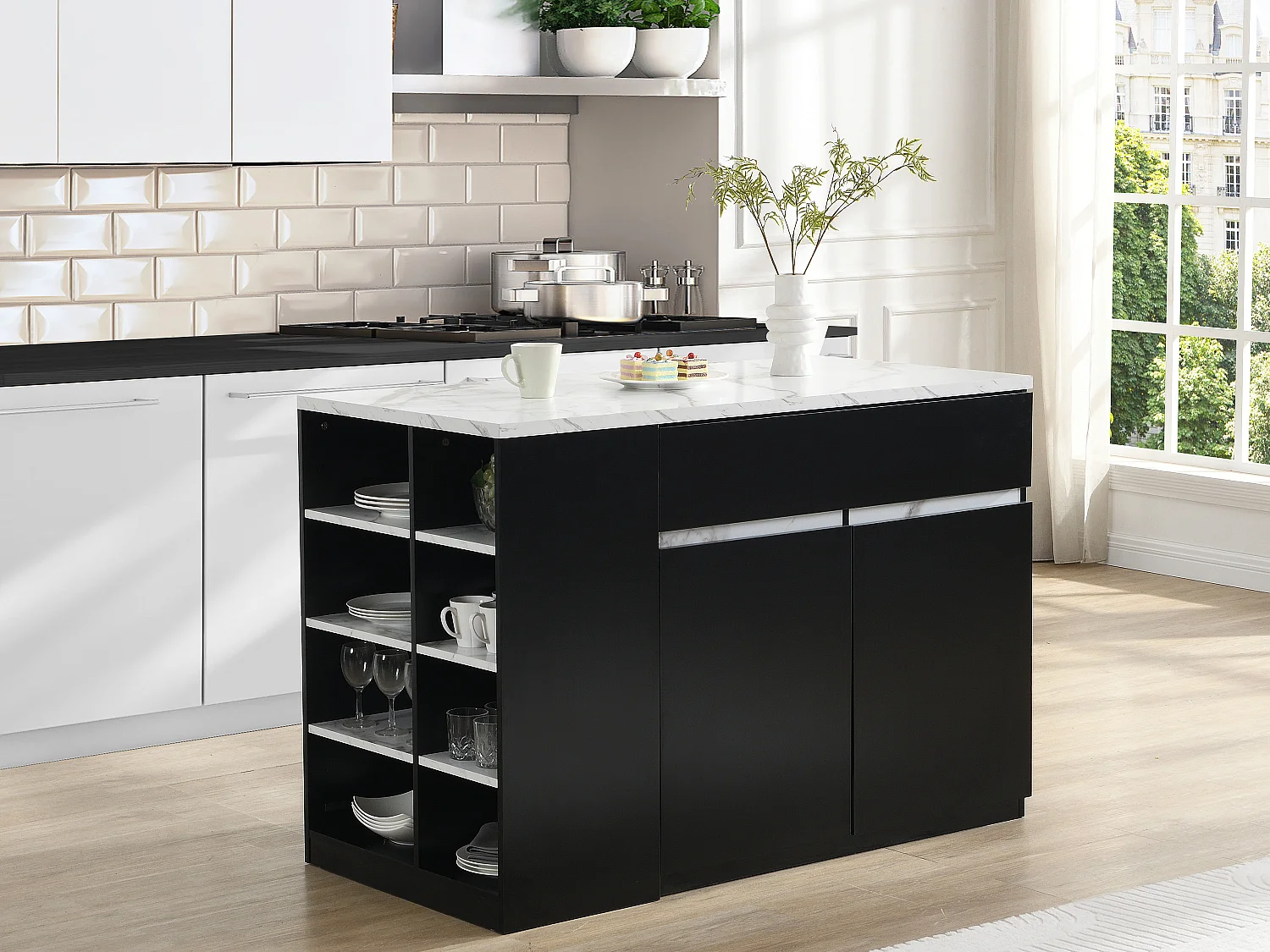 Ilot central de cuisine avec rangements - Effet marbre blanc et noir - MEILI