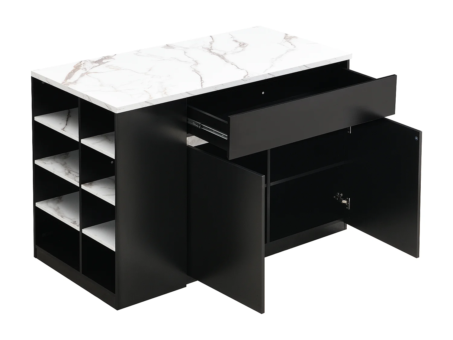 Ilot central de cuisine avec rangements - Effet marbre blanc et noir - MEILI