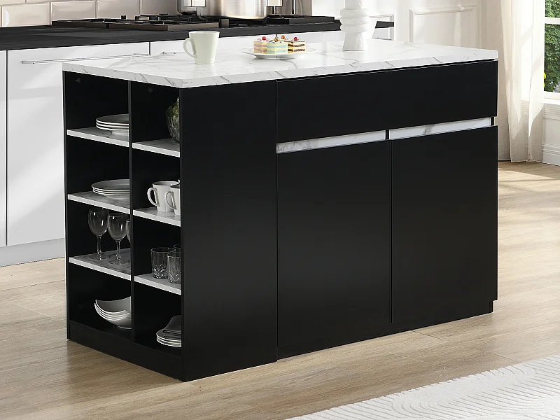 Ilot central de cuisine avec rangements - Effet marbre blanc et noir - MEILI