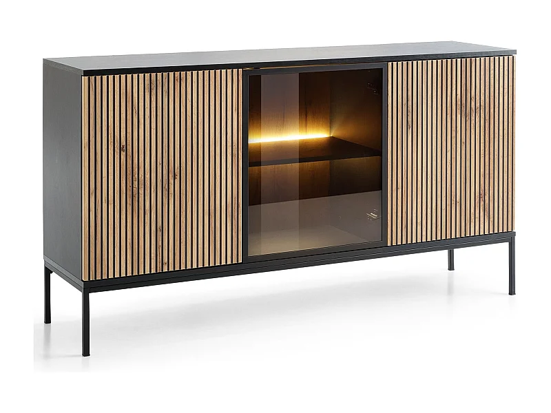 Commode 150 cm Haller - Commode avec éclairage LED, Lamelles - Commode 3 Portes, Loft, Industriel (Noir + Marron)