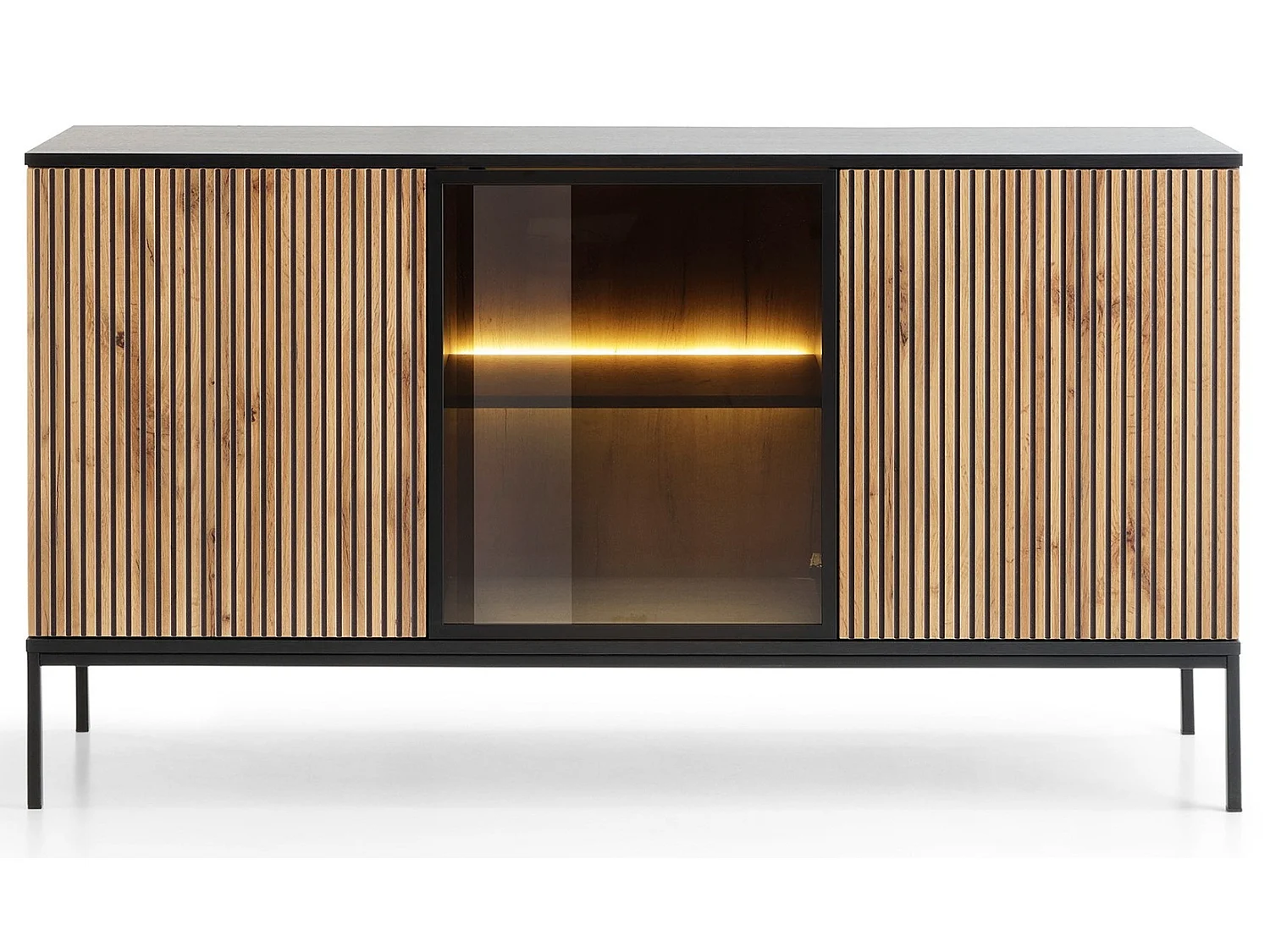 Emporius Haller komoda dwudrzwiowa do salonu - komoda 150 cm na nóżkach, z oświetleniem LED, szklane drzwi, lamele