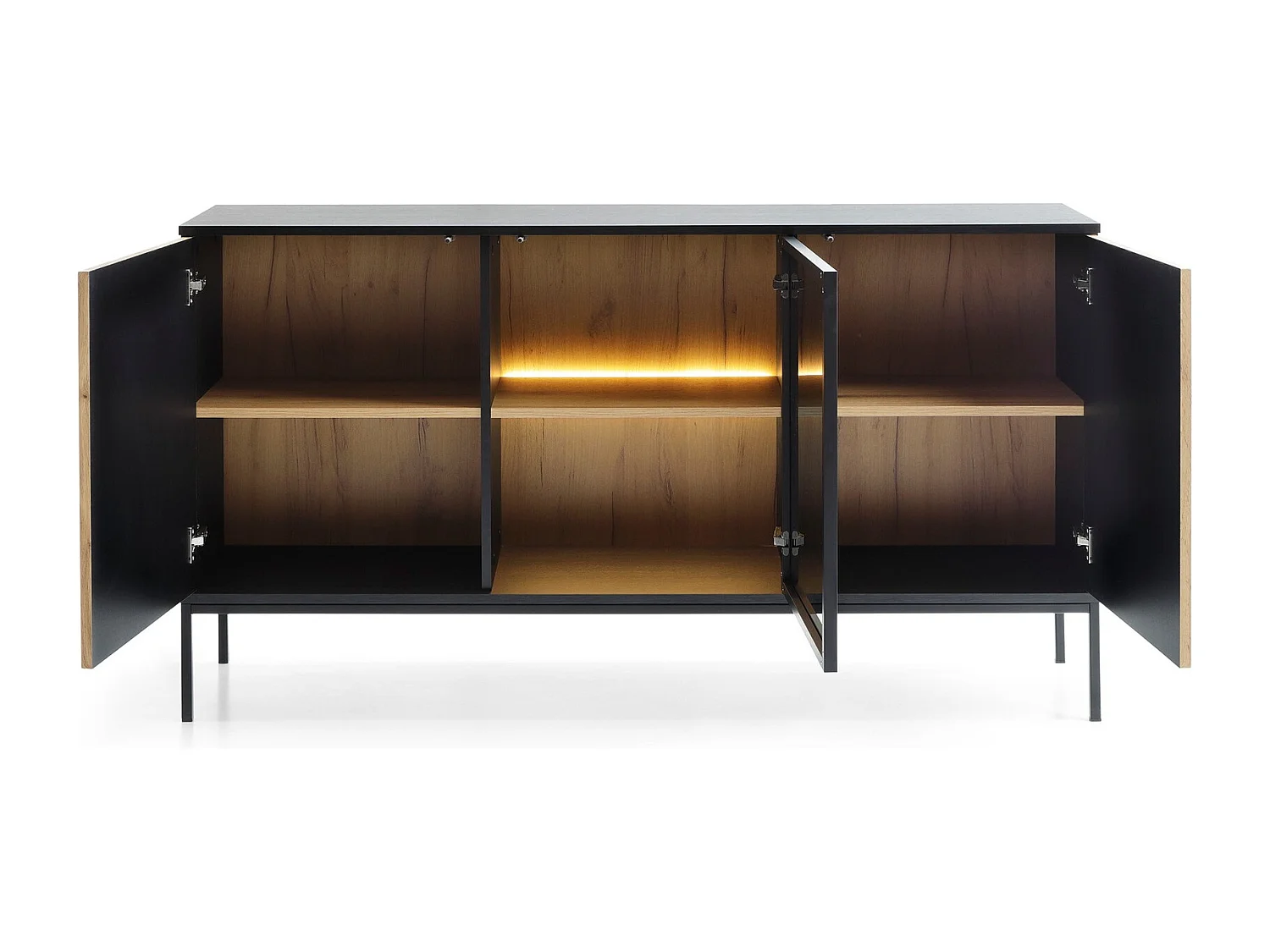 Emporius Haller komoda dwudrzwiowa do salonu - komoda 150 cm na nóżkach, z oświetleniem LED, szklane drzwi, lamele