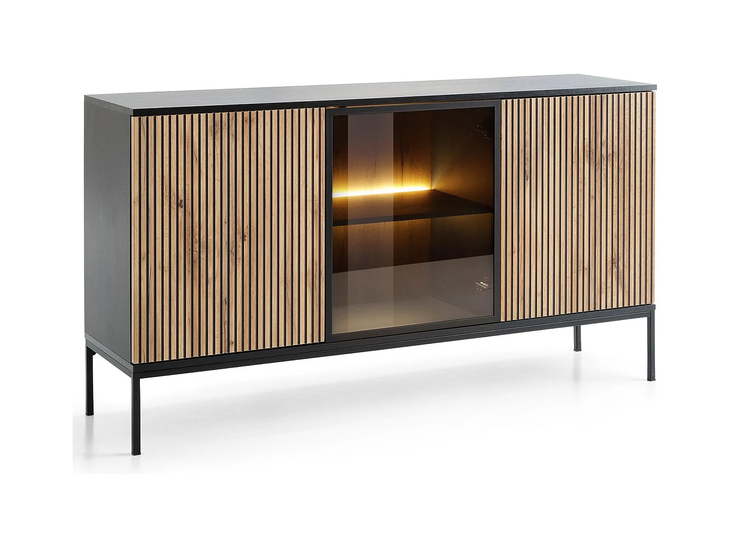 Commode 150 cm Haller - Commode avec éclairage LED, Lamelles - Commode 3 Portes, Loft, Industriel (Noir + Marron)