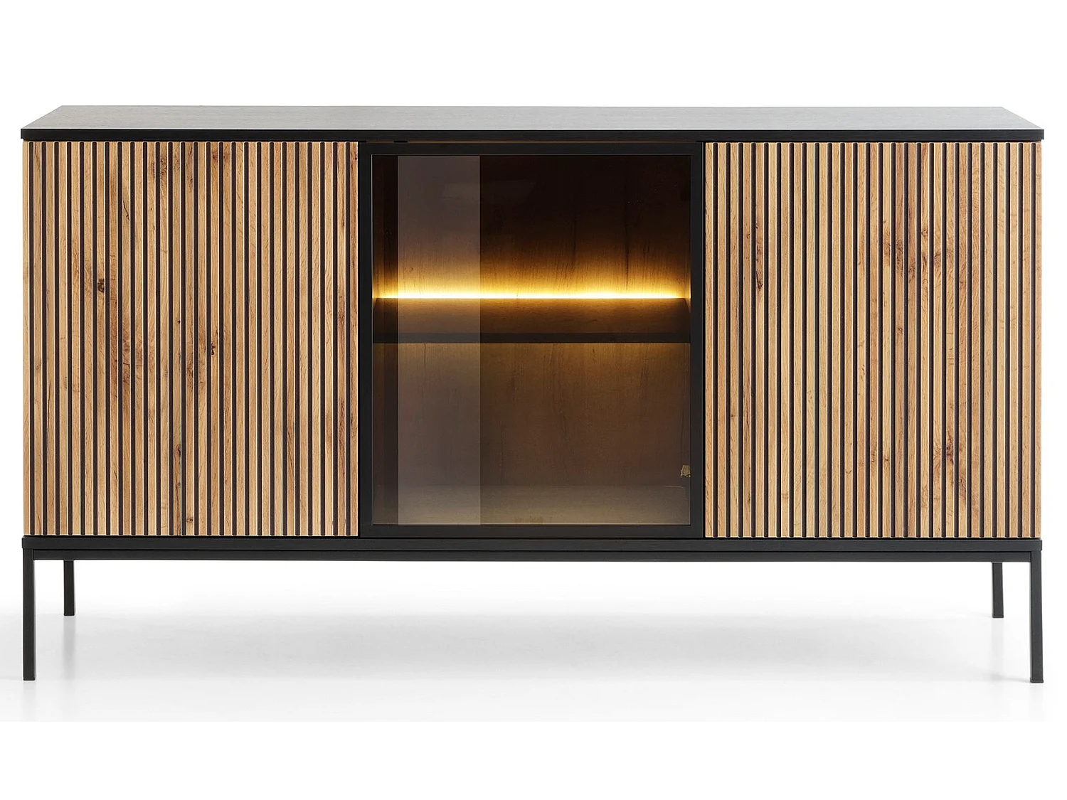 Sideboard 150 cm Haller - Kommode mit 2 Türen, Loft Stil , LED-Beleuchtung, Lamellen, Schwarz + Braun