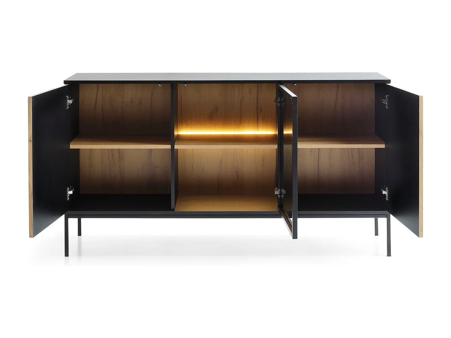 Sideboard 150 cm Haller - Kommode mit 2 Türen, Loft Stil , LED-Beleuchtung, Lamellen, Schwarz + Braun