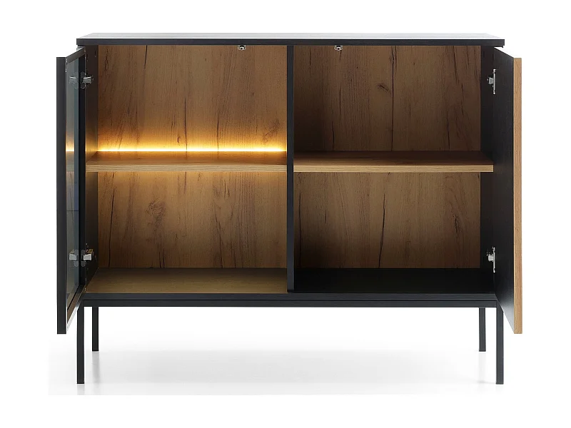 Commode 2 Portes Haller - Petite Commode 100 cm, Loft, Industriel, éclairage LED, Lamelles (Noir + Marron)
