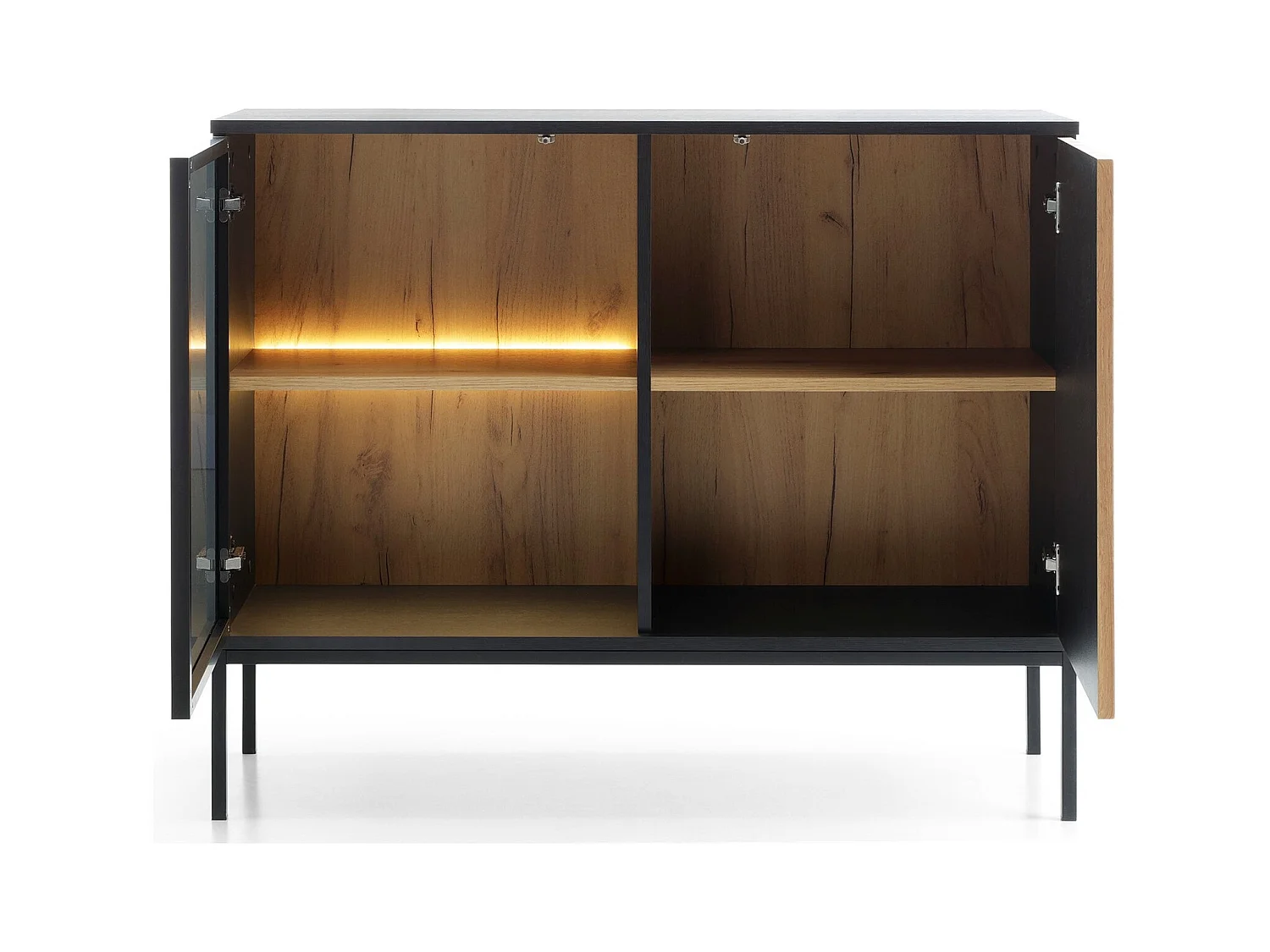 Commode 2 Portes Haller - Petite Commode 100 cm, Loft, Industriel, éclairage LED, Lamelles (Noir + Marron)