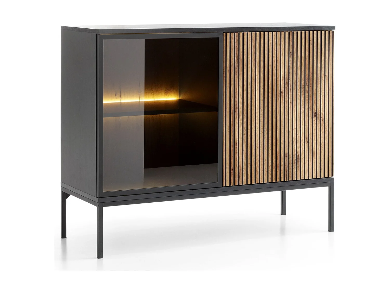 Commode 2 Portes Haller - Petite Commode 100 cm, Loft, Industriel, éclairage LED, Lamelles, Noir + Marron