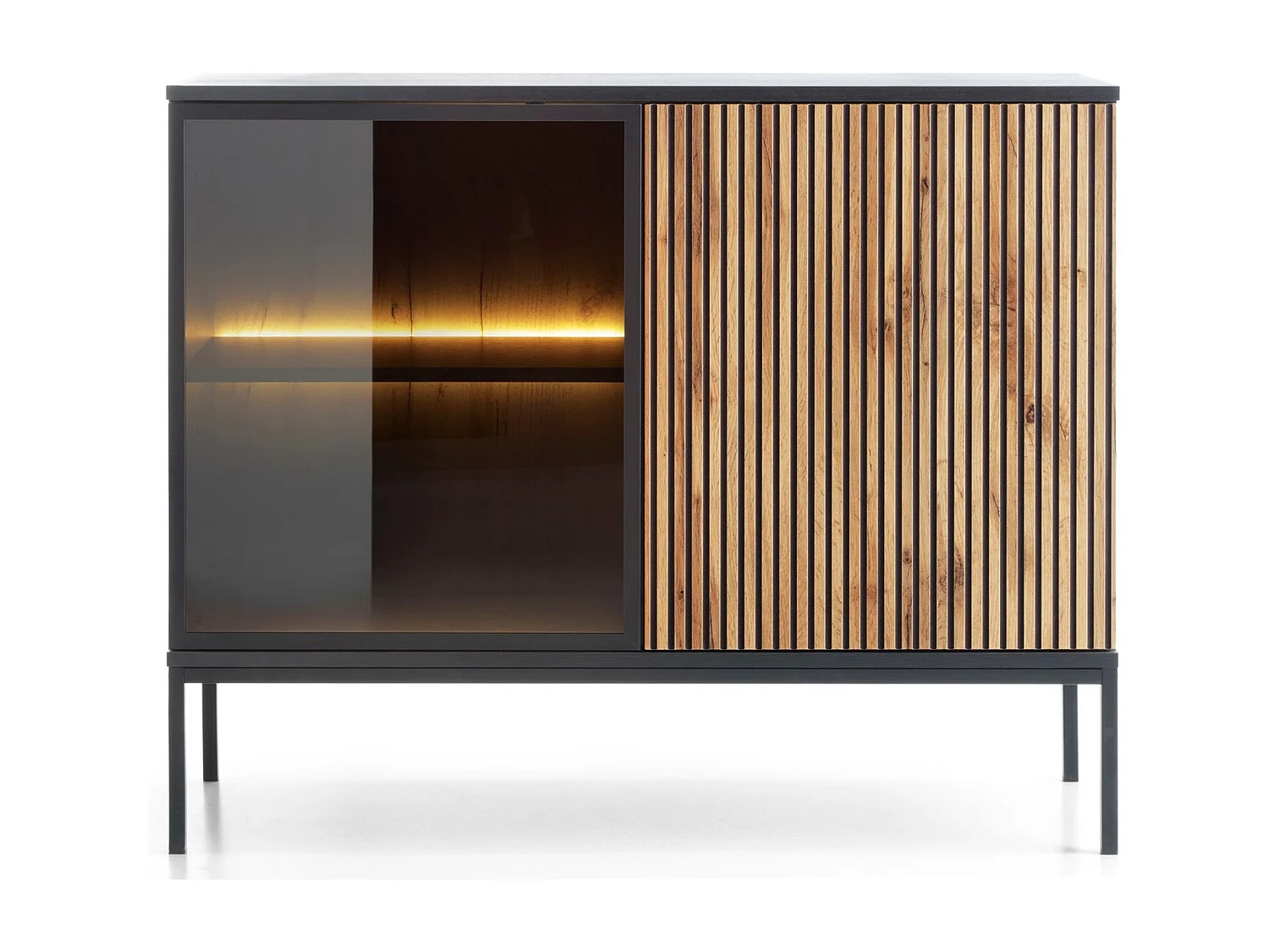 Commode 2 Portes Haller - Petite Commode 100 cm, Loft, Industriel, éclairage LED, Lamelles, Noir + Marron