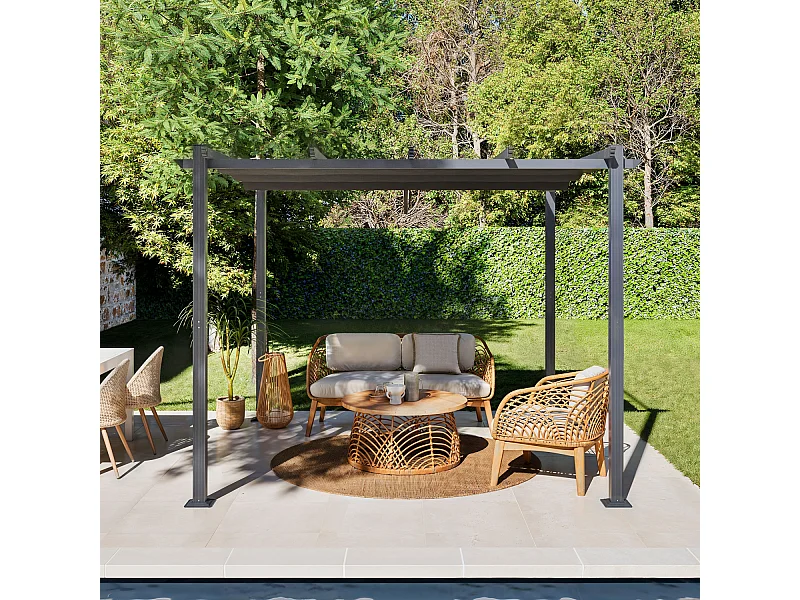 Tonnelle/Pergola aluminium 3x3m toile coulissante rétractable - Gris - BERCY