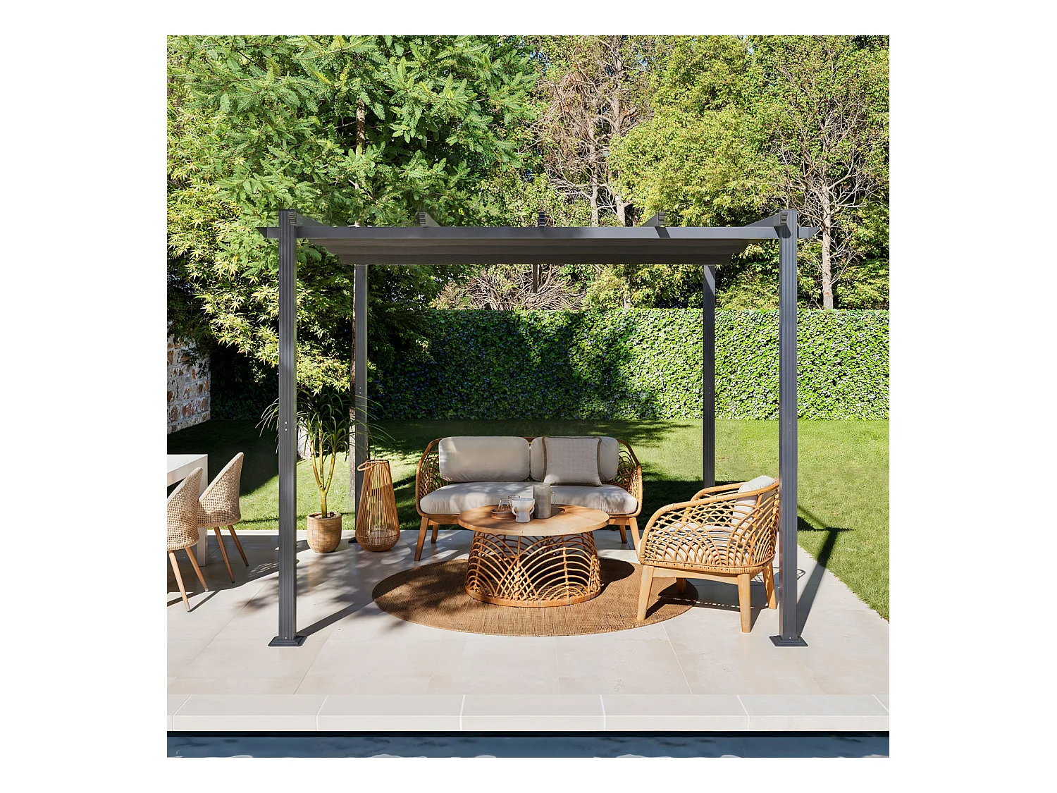 Tonnelle/Pergola aluminium 3x3m toile coulissante rétractable - Gris - BERCY